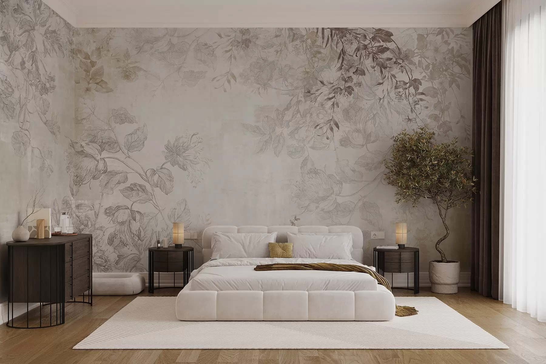 murales de pared Arte floral vintage con textura, ilustraciones de delicadas flores y hojas de jardín en estilo dibujo, suaves tonos pastel beige y sepia w09402