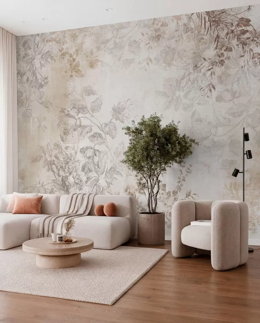 murales de pared Arte floral vintage con textura, ilustraciones de delicadas flores y hojas de jardín en estilo dibujo, suaves tonos pastel beige y sepia w09402