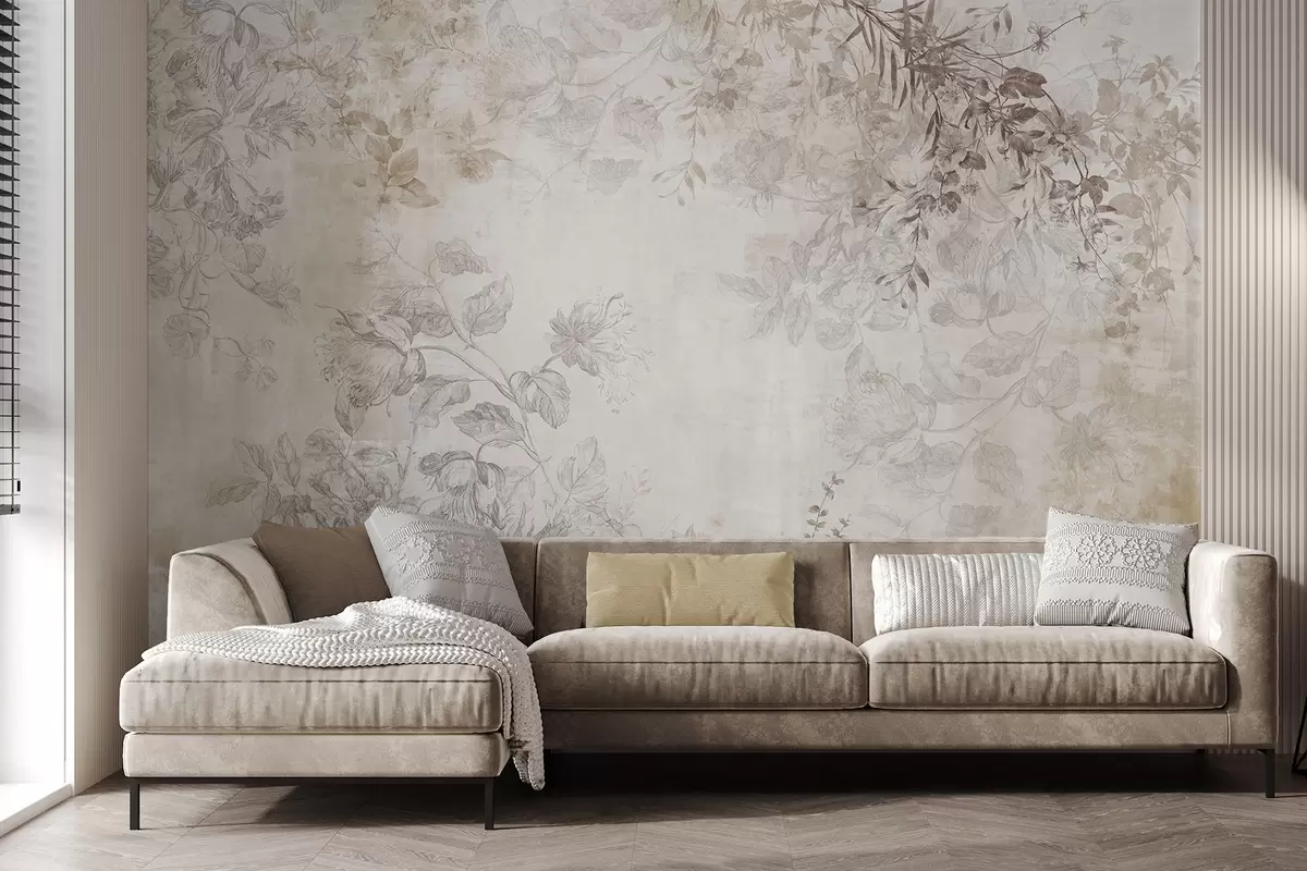 murales de pared Arte floral vintage con textura, ilustraciones de delicadas flores y hojas de jardín en estilo dibujo, suaves tonos pastel beige y sepia w09402