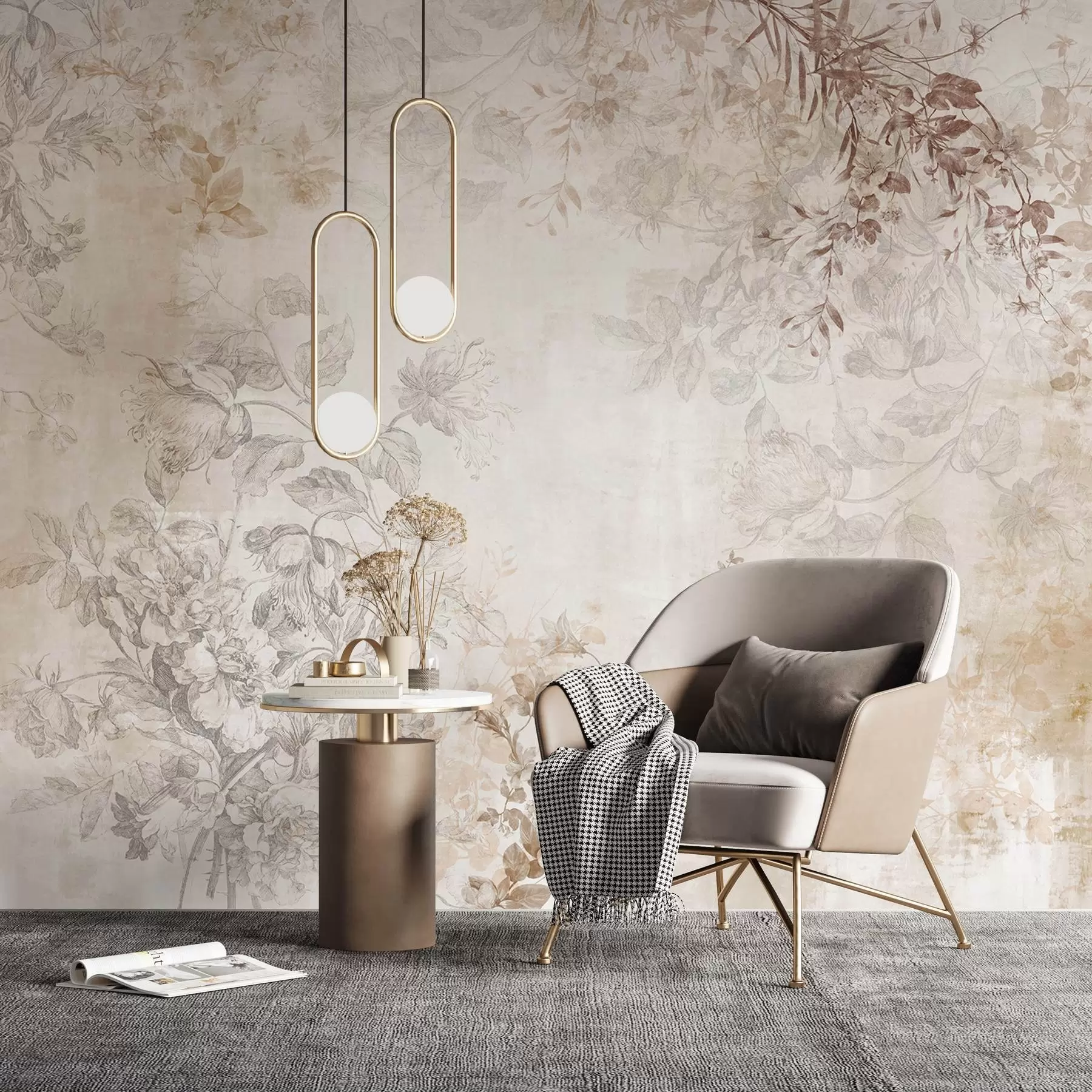 murales de pared Arte floral vintage con textura, ilustraciones de delicadas flores y hojas de jardín en estilo dibujo, suaves tonos pastel beige y sepia w09402