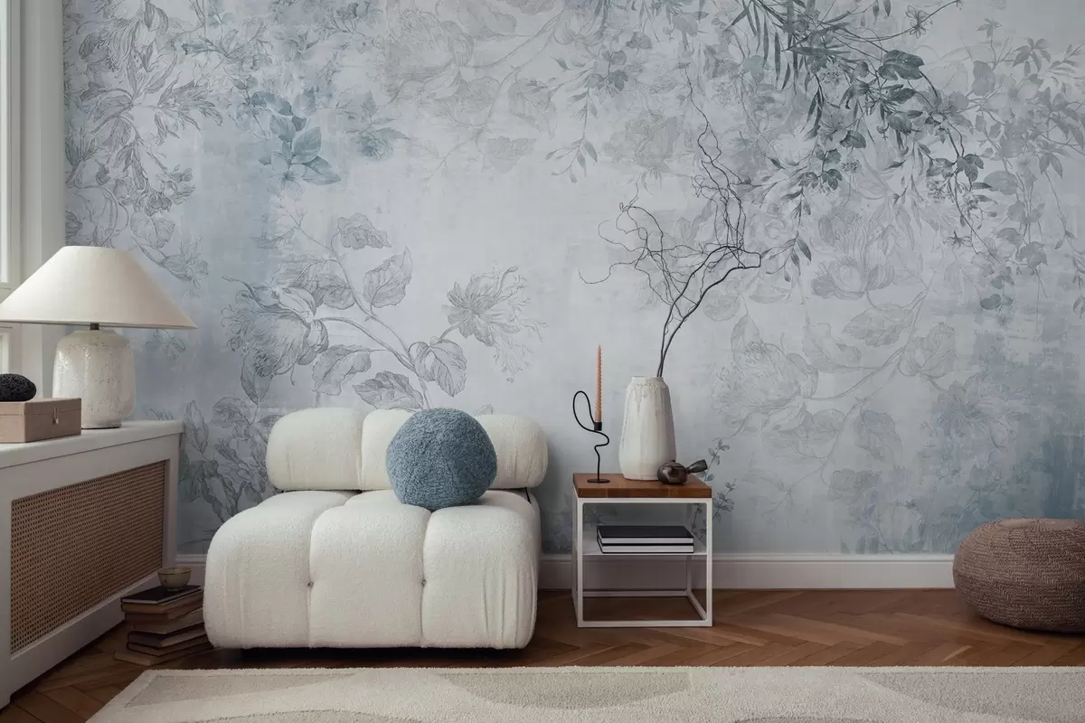 murales de pared Arte floral vintage con textura, ilustraciones de delicadas flores y hojas de jardín en estilo dibujo, tonos azules suaves w09402v1