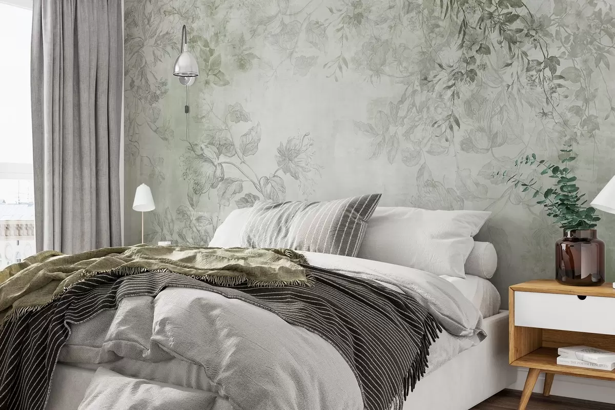 murales de pared Arte floral vintage con textura, ilustraciones de delicadas flores y hojas de jardín en estilo dibujo, tonos verdes suaves w09402v2