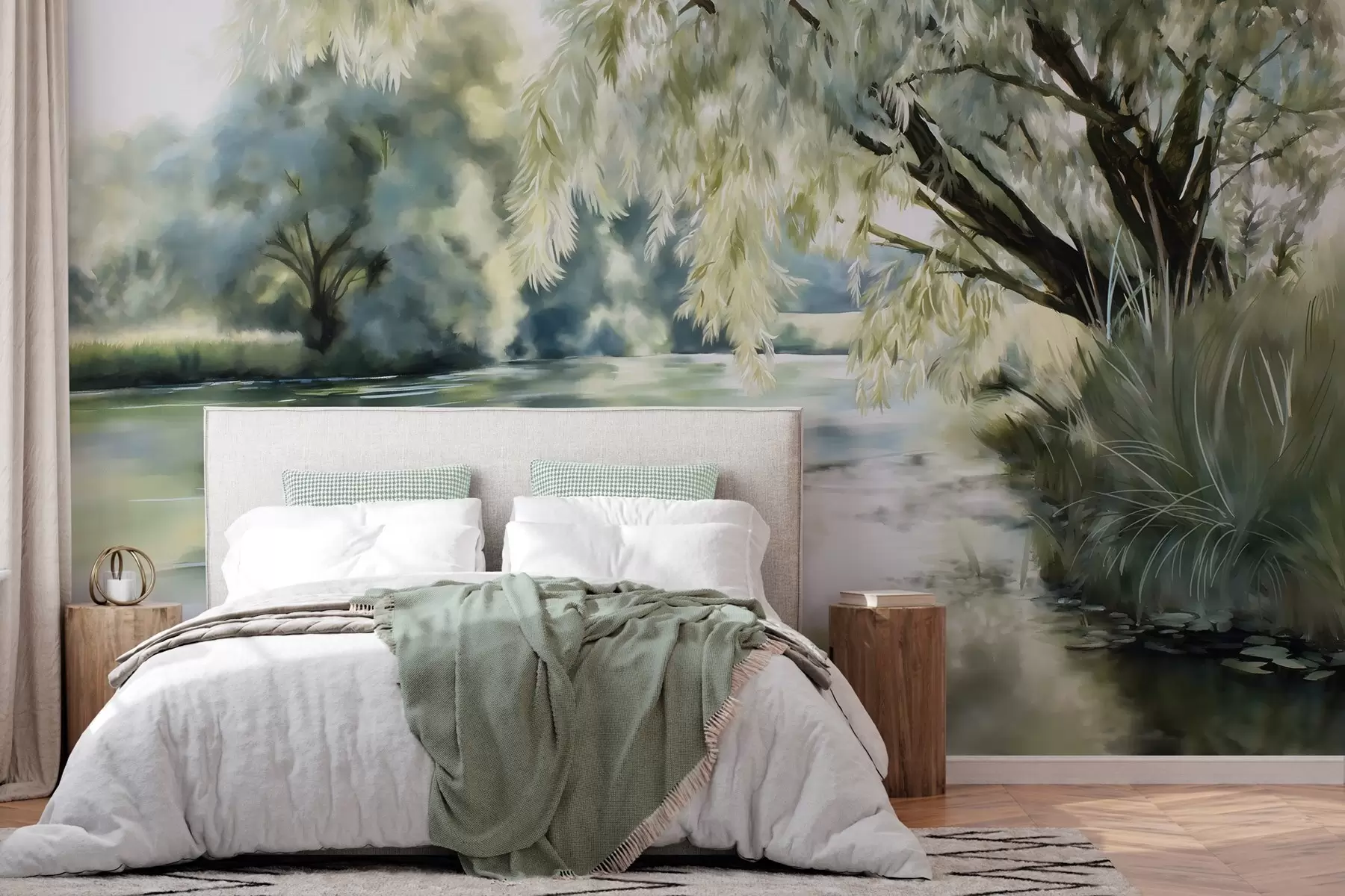 murales de pared árbol de estilo acuarela sobre el lago w04501