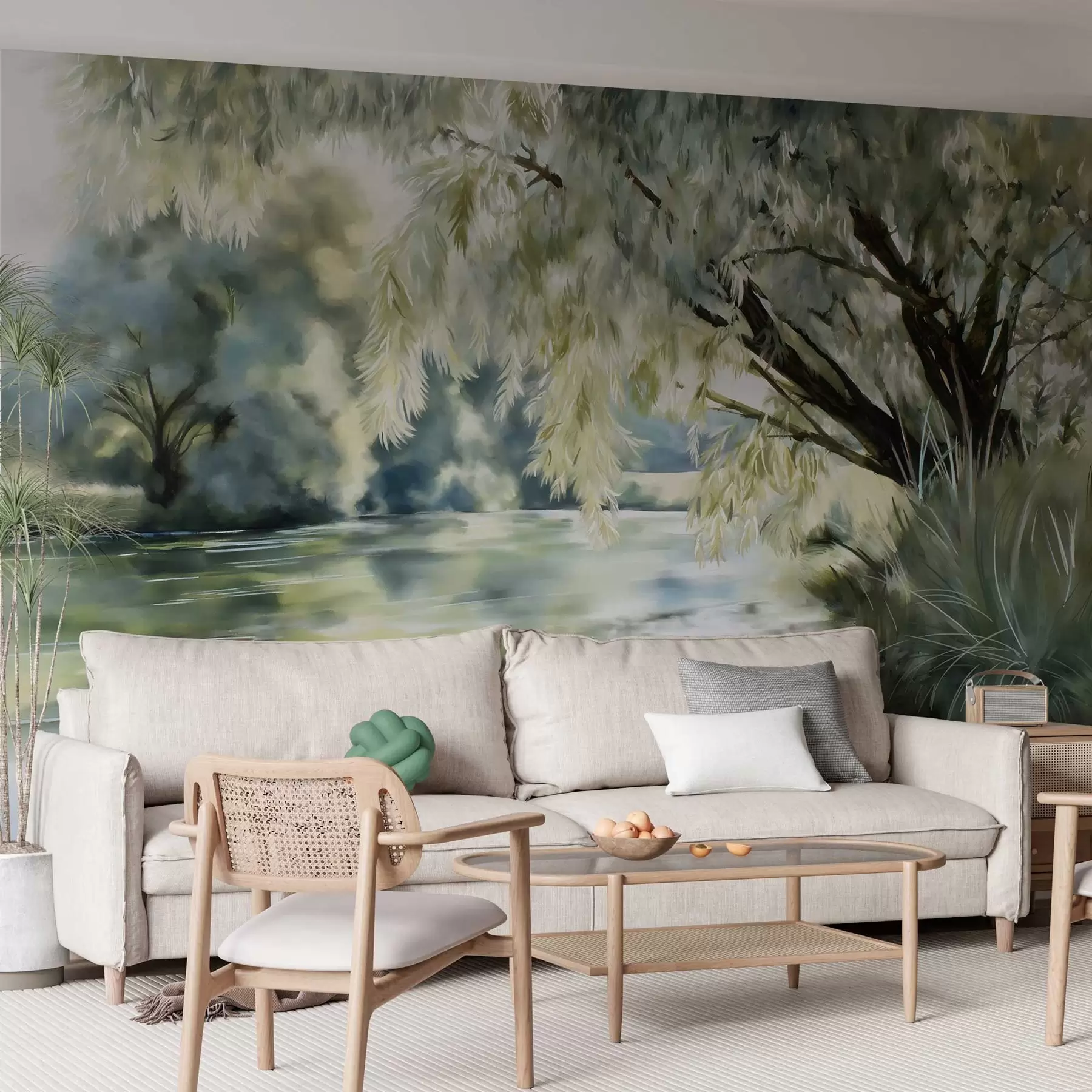 murales de pared árbol de estilo acuarela sobre el lago w04501