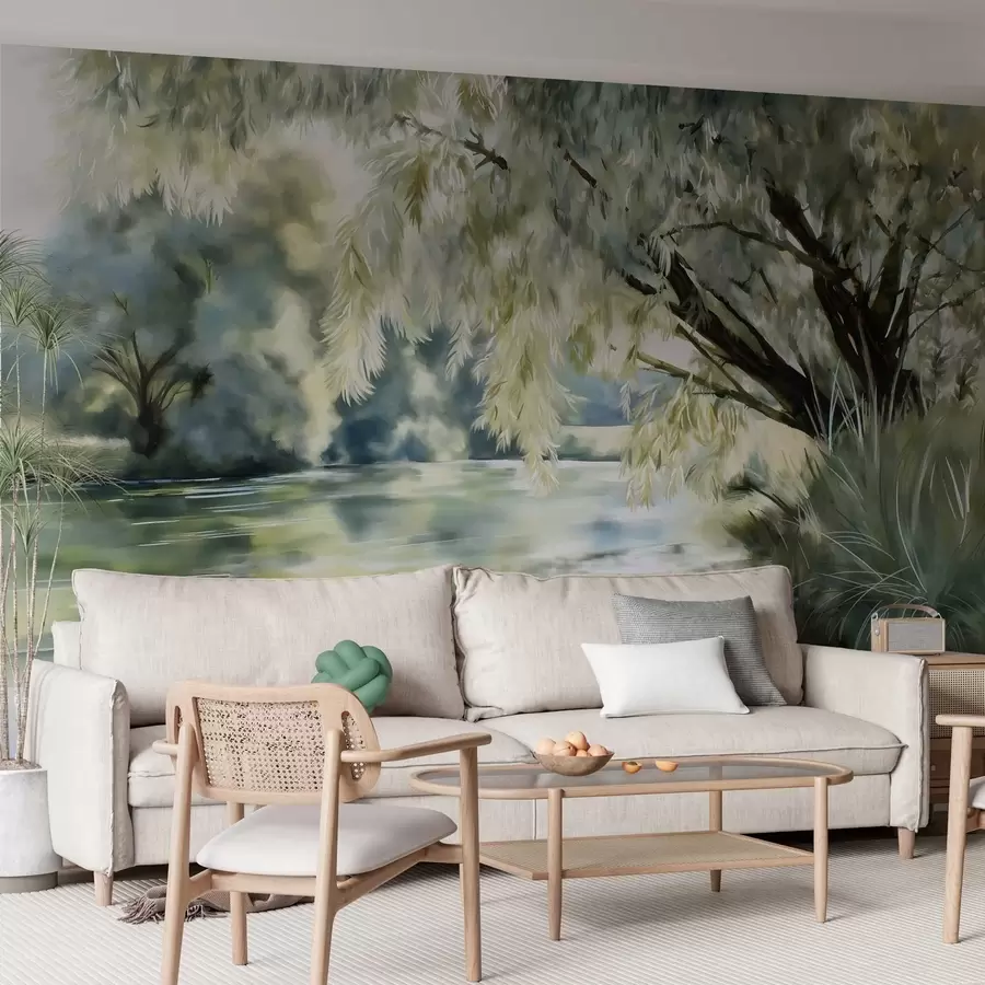 murales de pared árbol de estilo acuarela sobre el lago w04501
