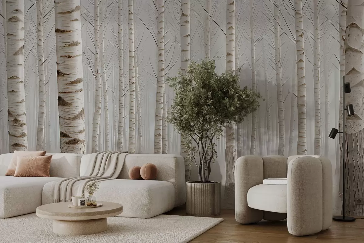 murales de pared Bosque de abedules en la niebla, minimalismo luminoso w04574