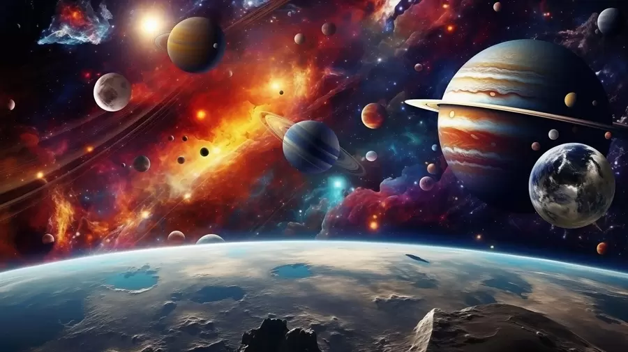 murales de pared Cosmos colorido con planetas y nebulosas w04576