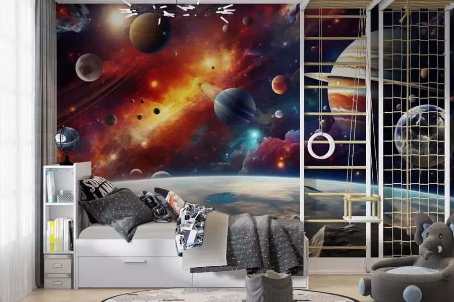 murales de pared Cosmos colorido con planetas y nebulosas w04576