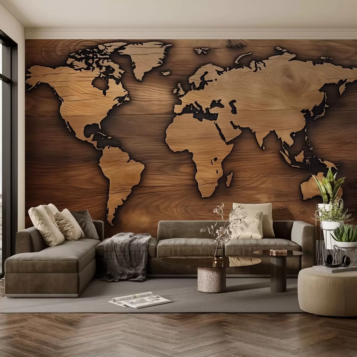 murales de pared Mapa del mundo de madera con relieve recortado w04577