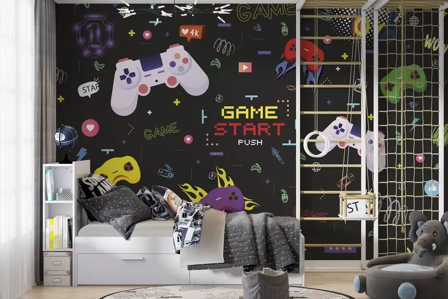 murales de pared Diseño llamativo para gamers con consolas y texto pixelado w04581