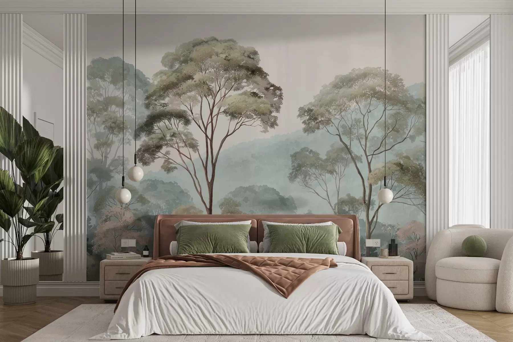 murales de pared Mañana brumosa en el bosque en estilo acuarela w09405