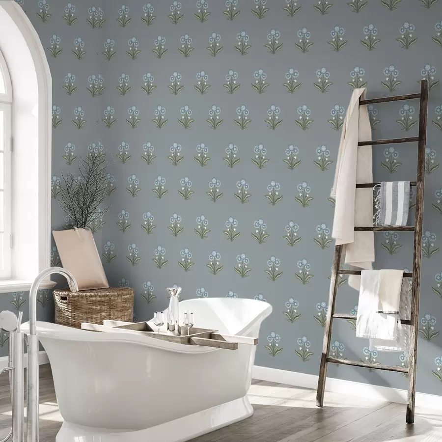 murales de pared Flores estilizadas sobre un fondo gris azulado, paleta de colores fríos a00494v1