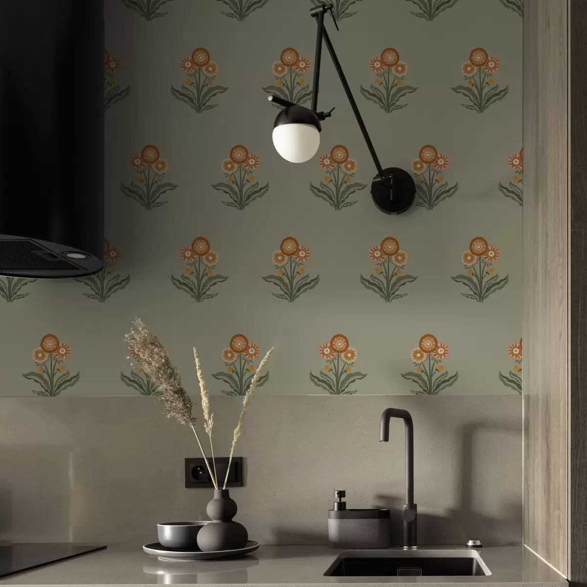 Papel pintado Flores estilizadas sobre fondo oliva, tonos cálidos a00494v2