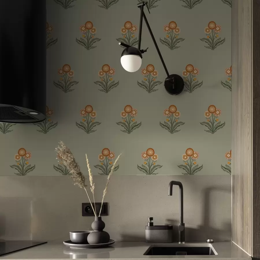 murales de pared Flores estilizadas sobre fondo oliva, tonos cálidos a00494v2
