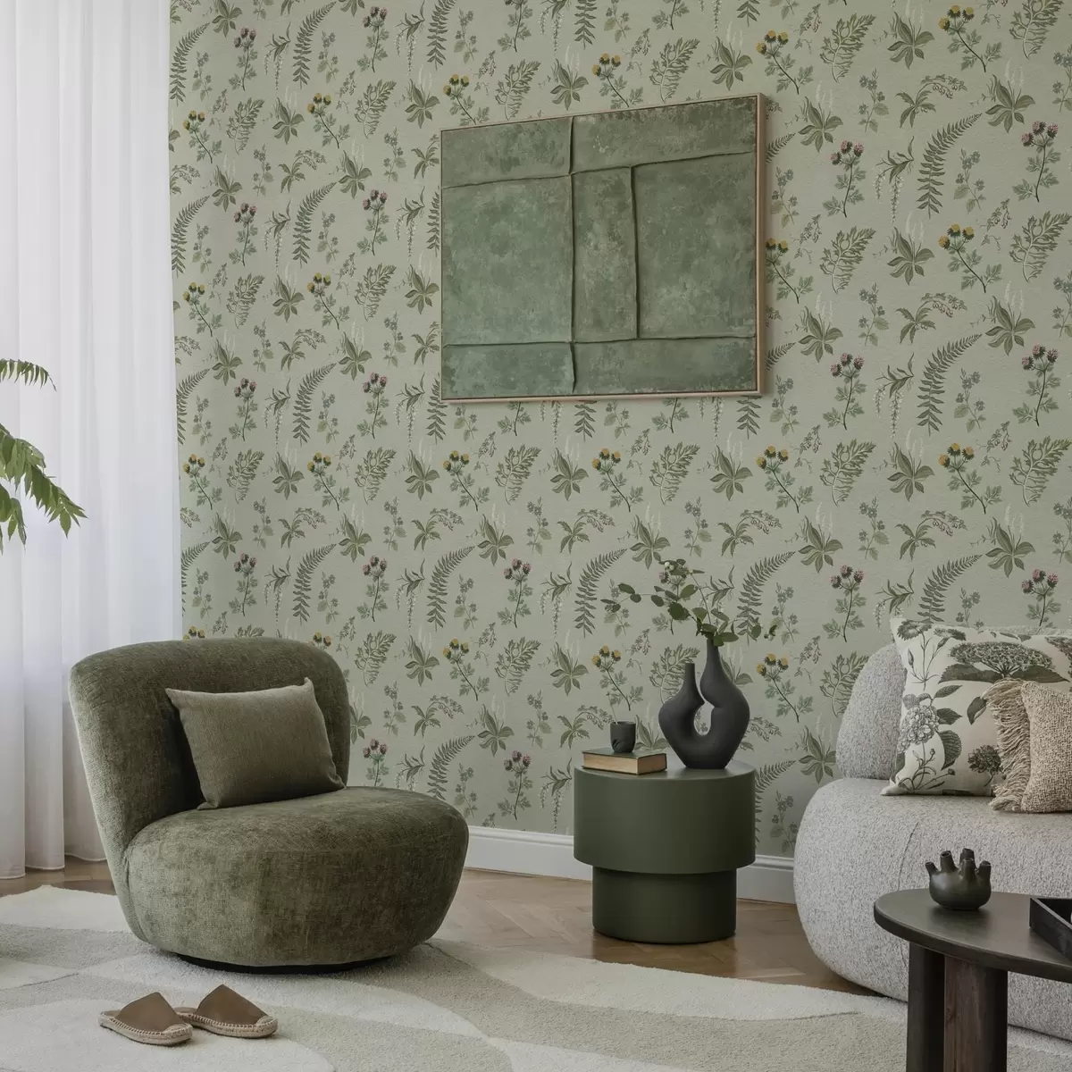 Papel pintado Hierbas y helechos botánicos en gris verdoso pálido a00498