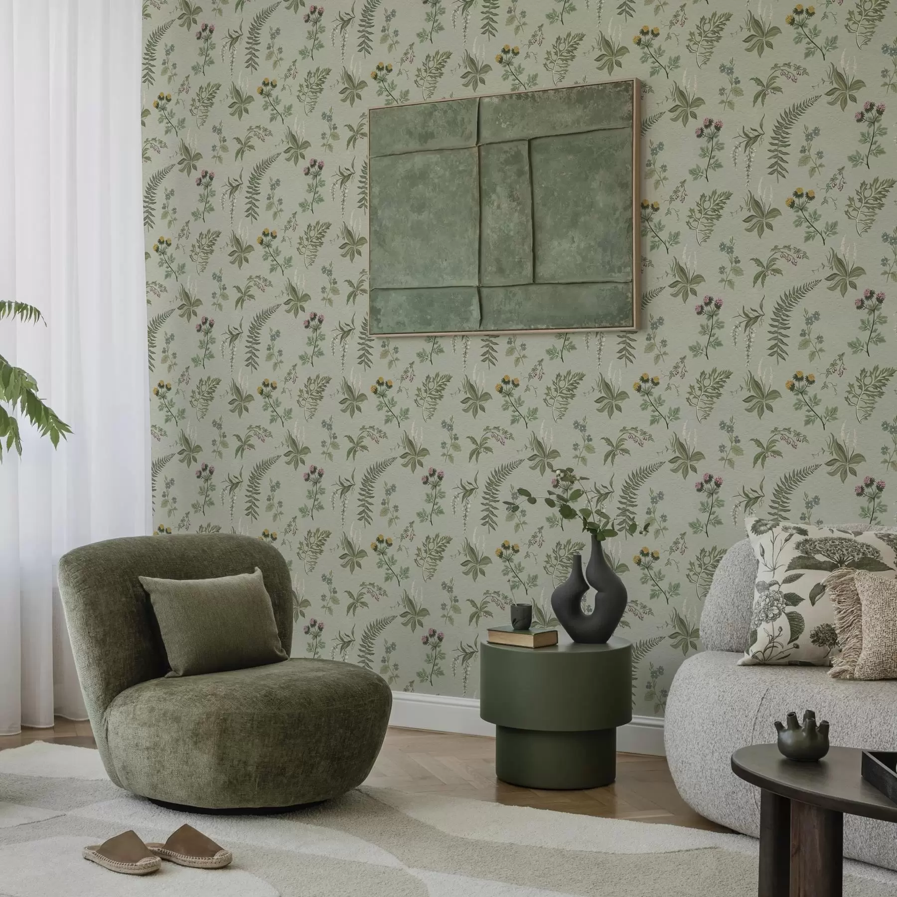 murales de pared Hierbas y helechos botánicos en gris verdoso pálido a00498
