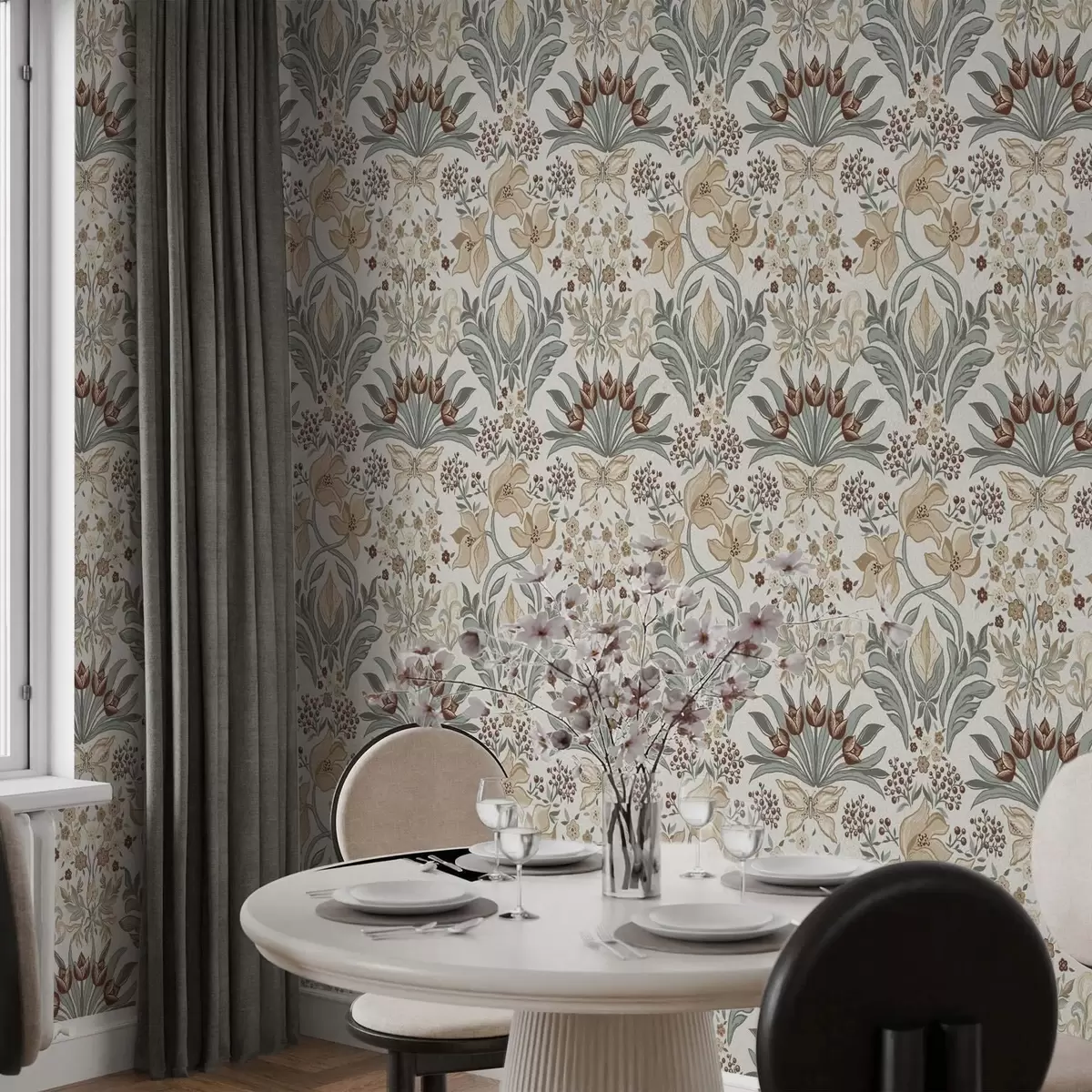 Papel pintado Lirios decorativos y una mariposa sobre fondo crema a00500