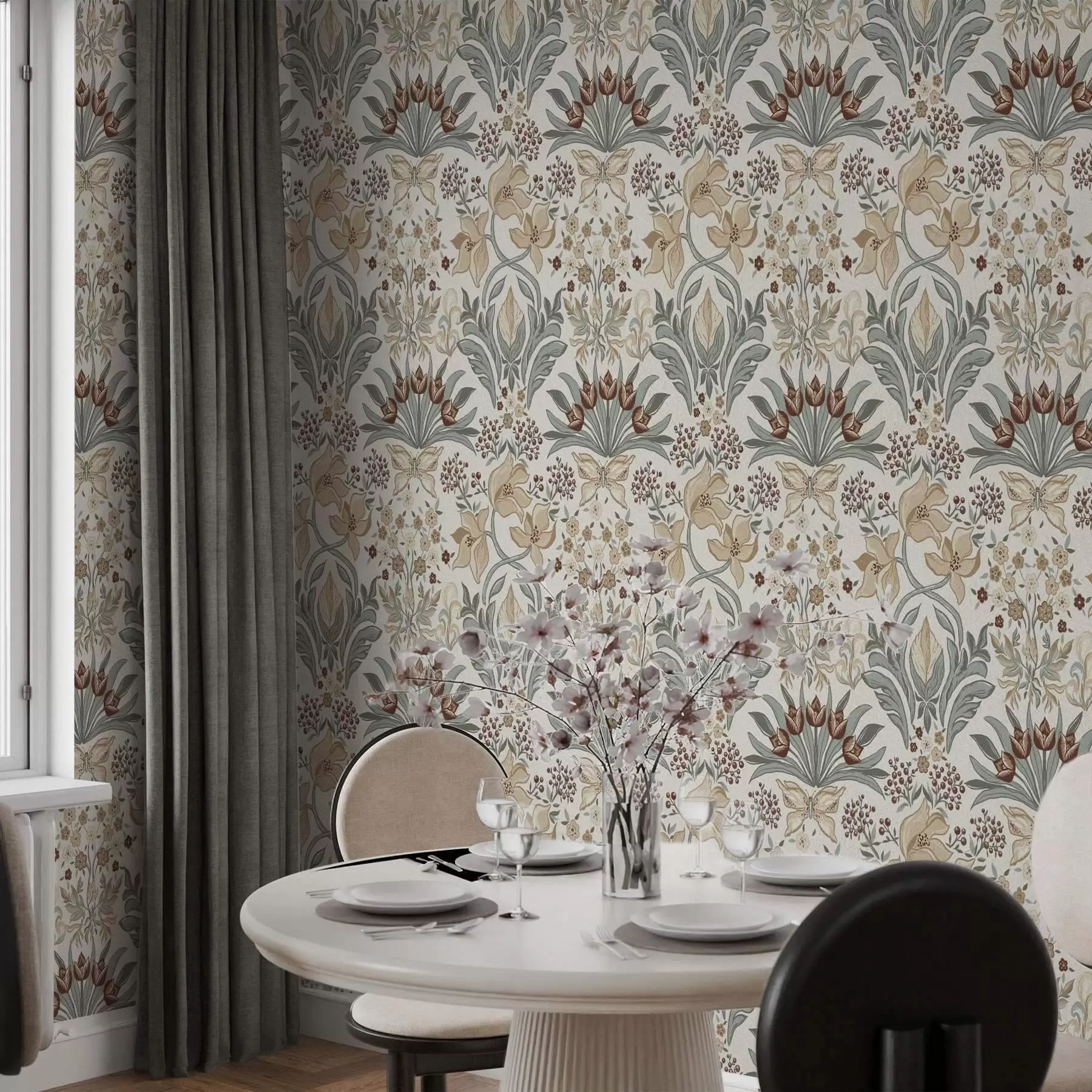 murales de pared Lirios decorativos y una mariposa sobre fondo crema a00500