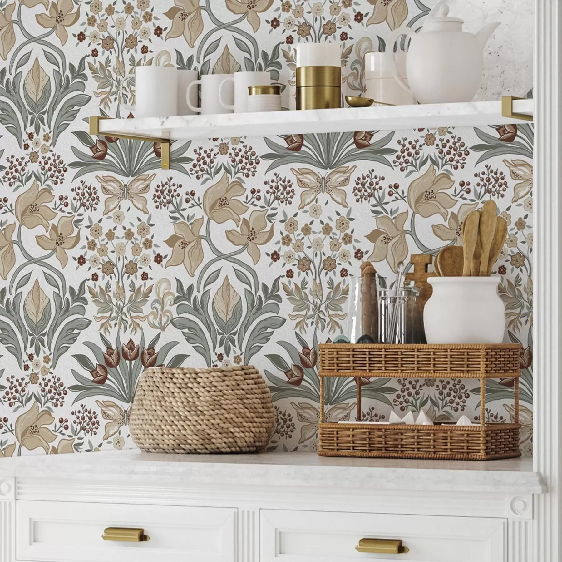 murales de pared Lirios decorativos y una mariposa sobre fondo blanco a00500v1