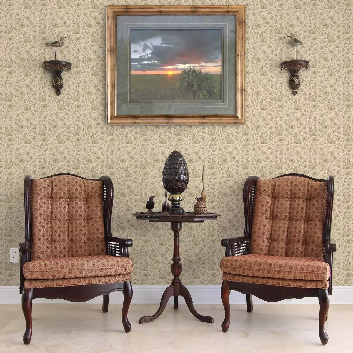 Papel pintado Conejos y pájaros en un estampado floral a00571