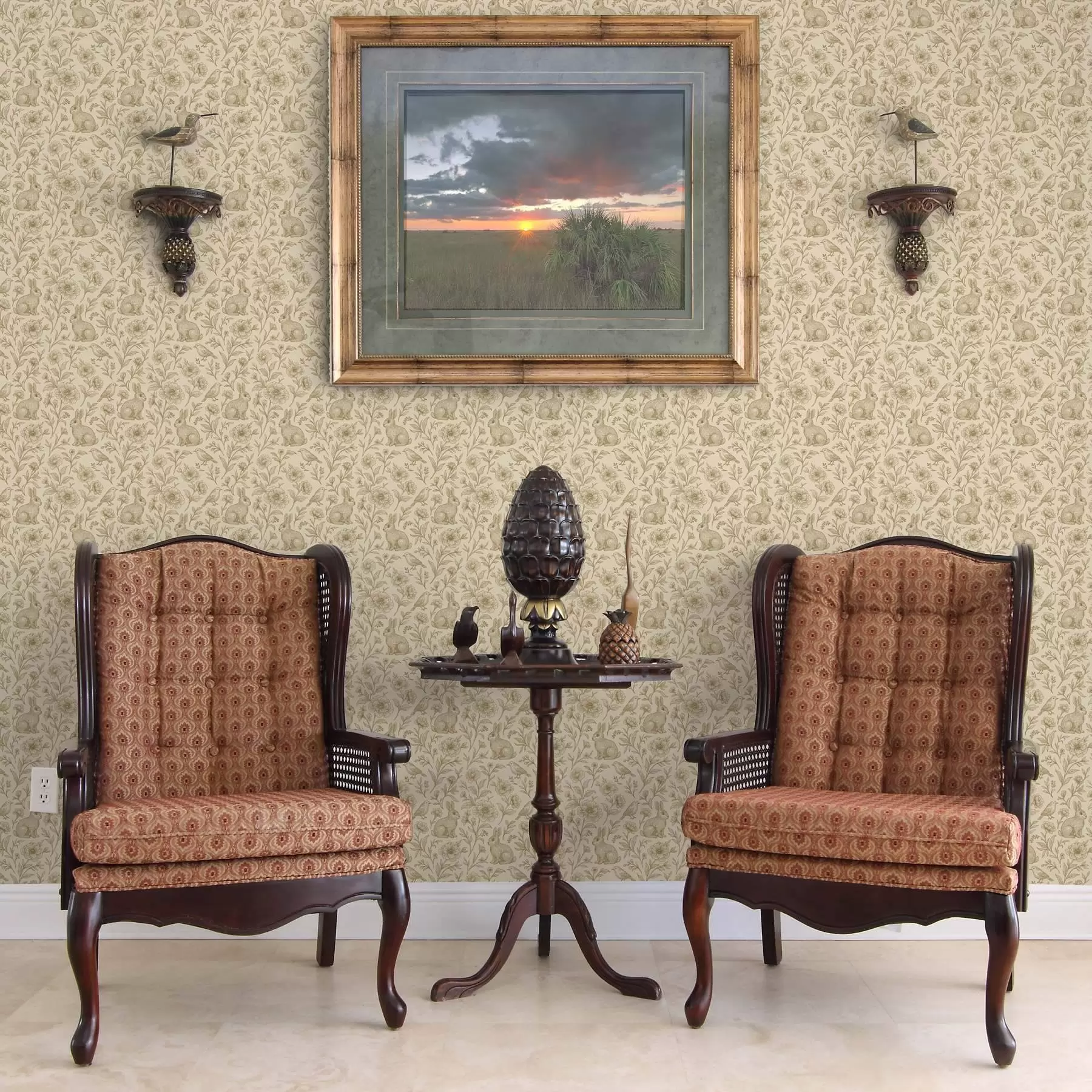 murales de pared Conejos y pájaros en un estampado floral a00571