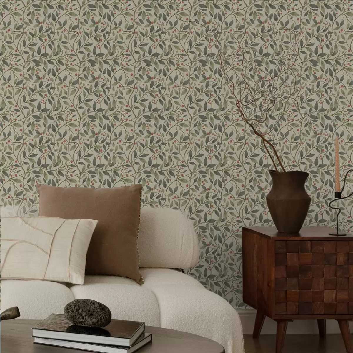 Papel pintado Ramas de olivo con bayas sobre un fondo cálido y claro a00573