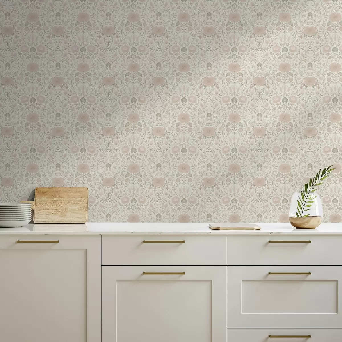 Papel pintado Estilo Morris: peonías y hierbas en suaves tonos beige y verdes a00581