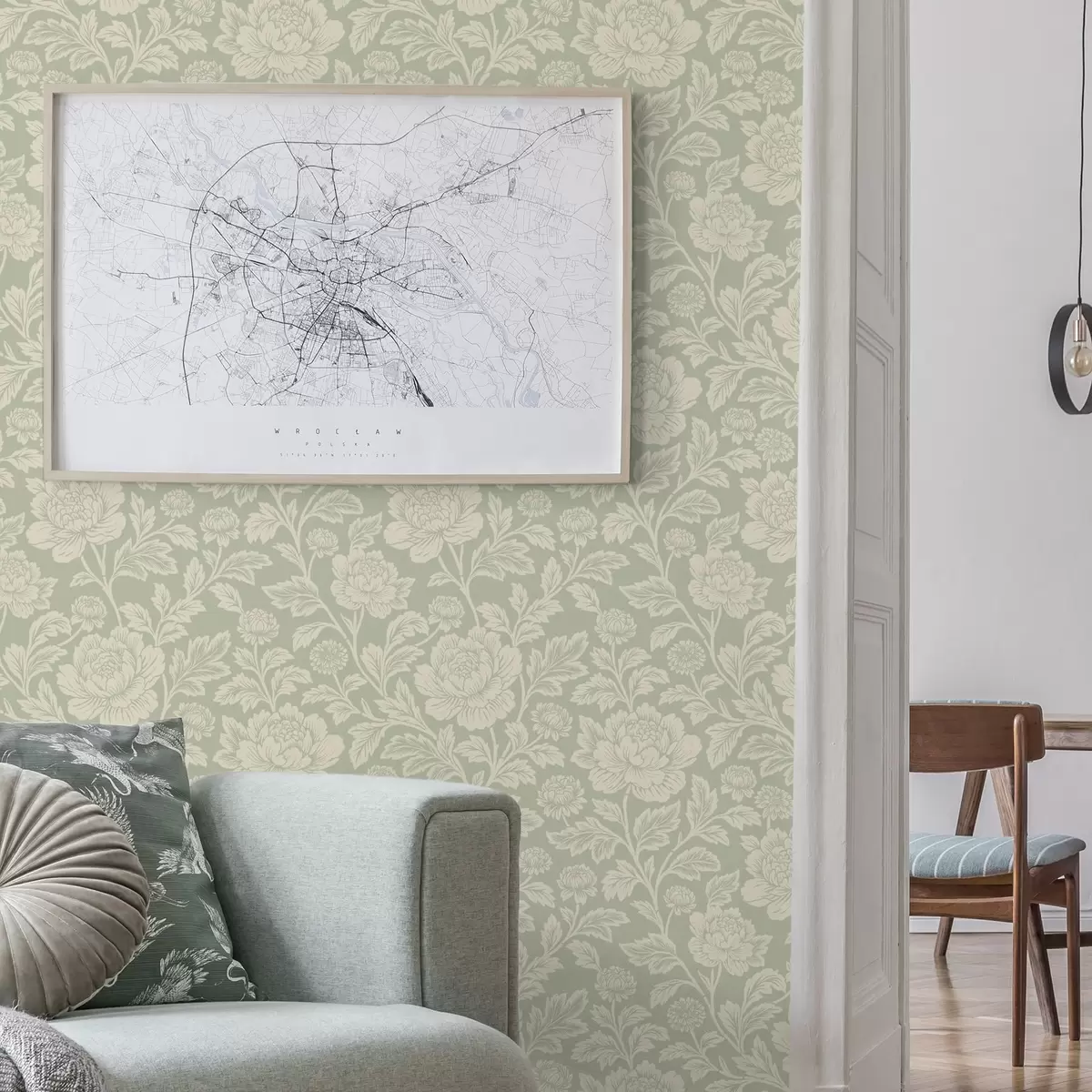 Papel pintado Grandes peonías en línea sobre un fondo salvia a00582