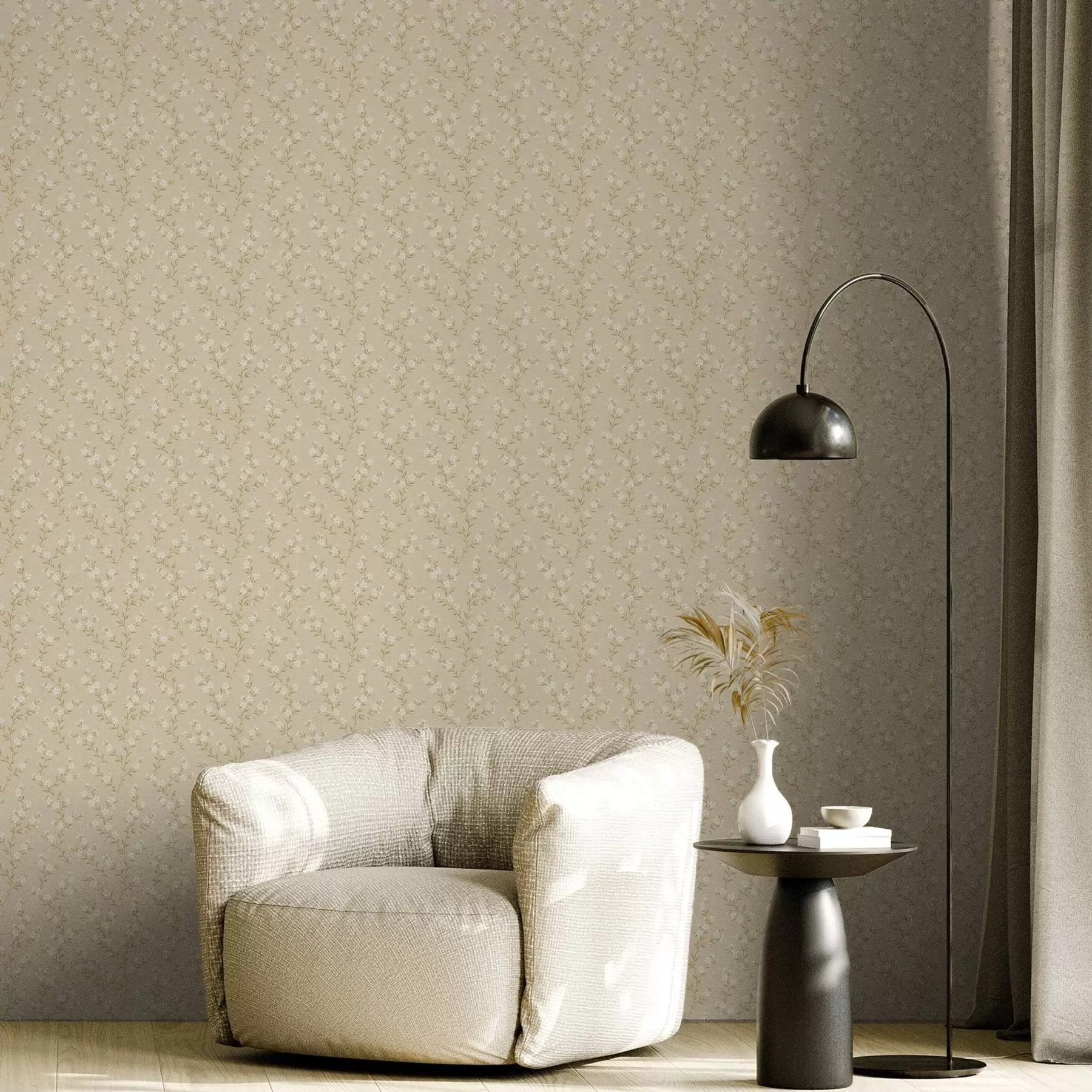 murales de pared Pequeñas ramitas blancas sobre un fondo de lino beige a00584