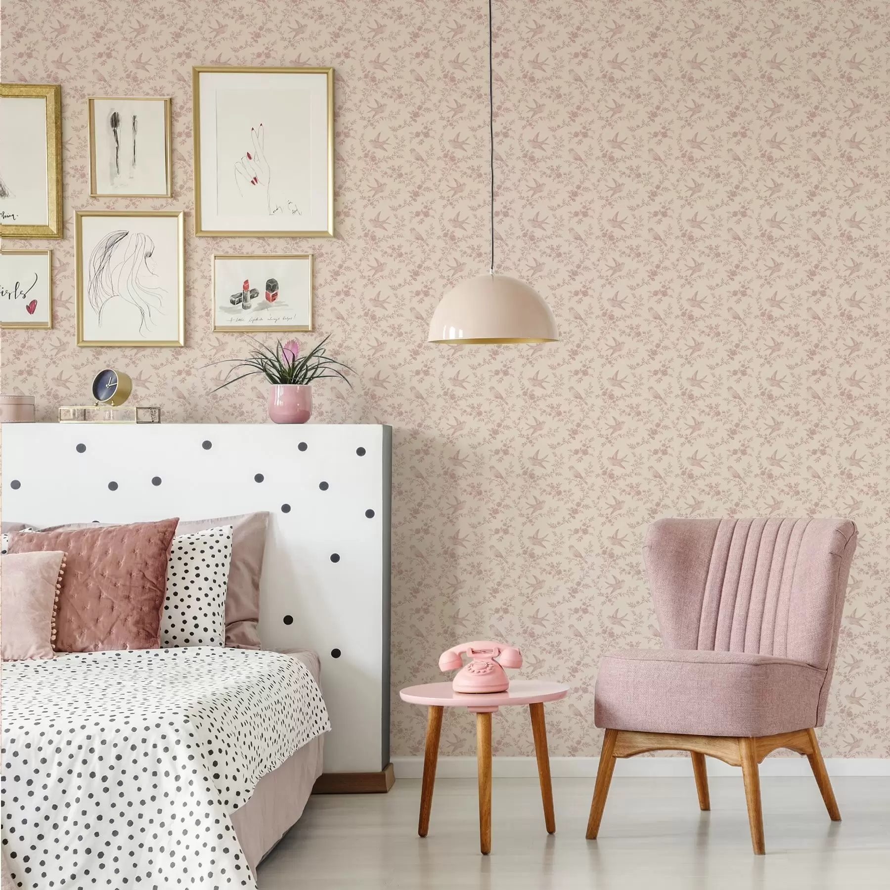 murales de pared Pájaros y rosas, estampado vintage en rosa empolvado a00587