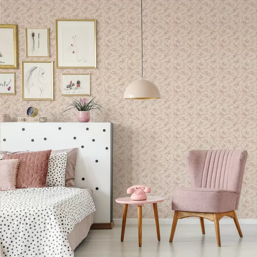 murales de pared Pájaros y rosas, estampado vintage en rosa empolvado a00587