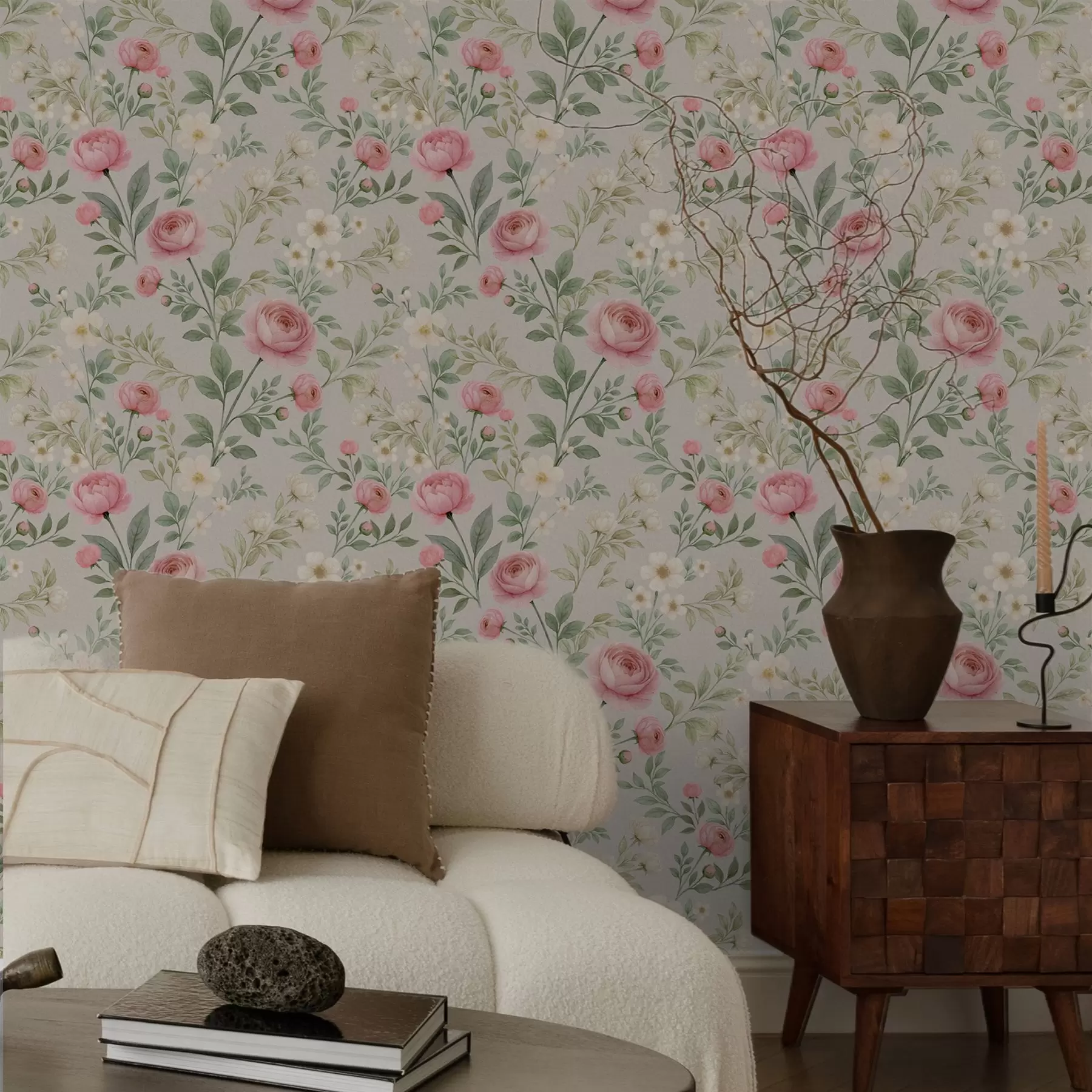 murales de pared Peonías y flores blancas en acuarela sobre fondo gris-beige a00592