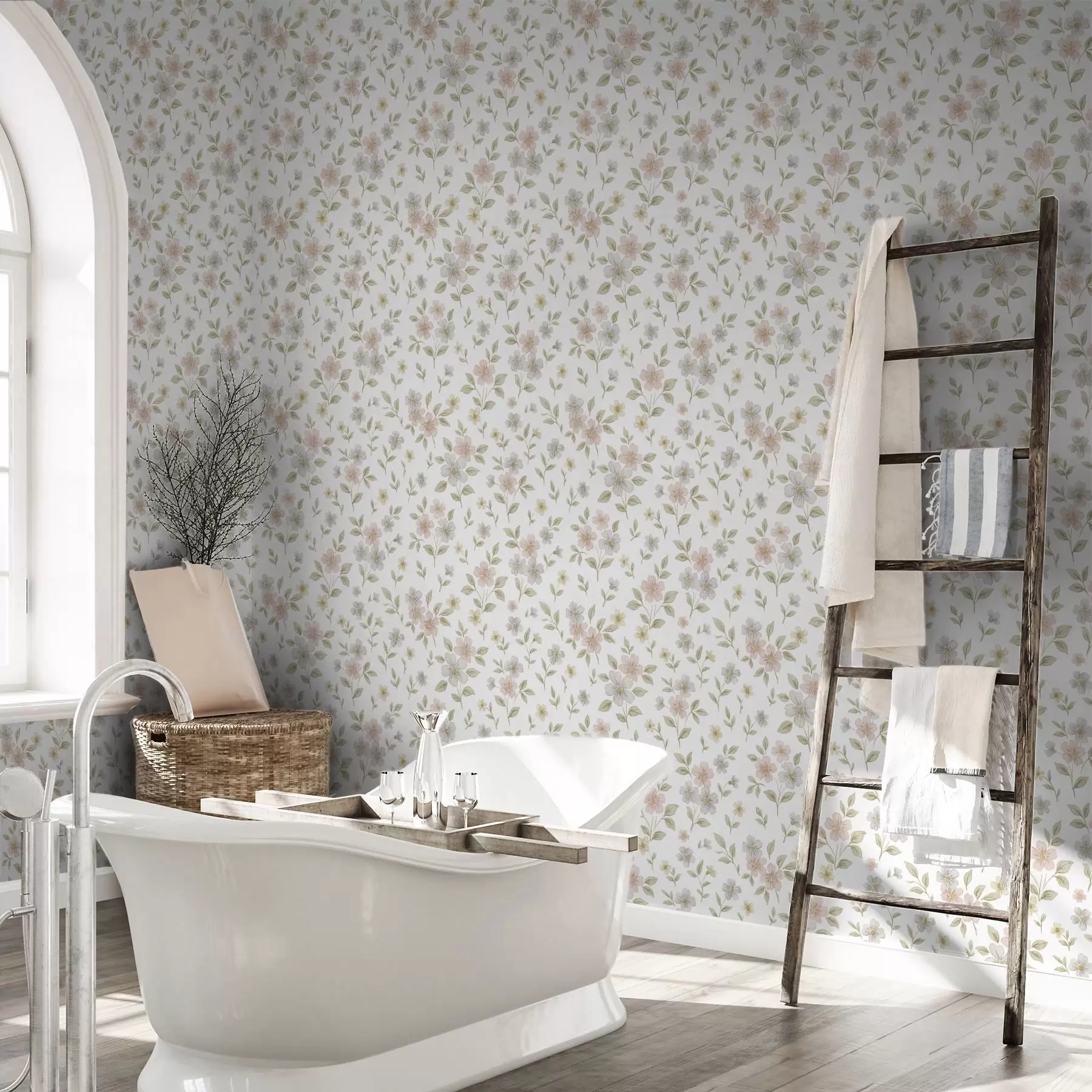 murales de pared Pequeñas flores acuareladas en tonos pastel sobre fondo blanco a00596v1