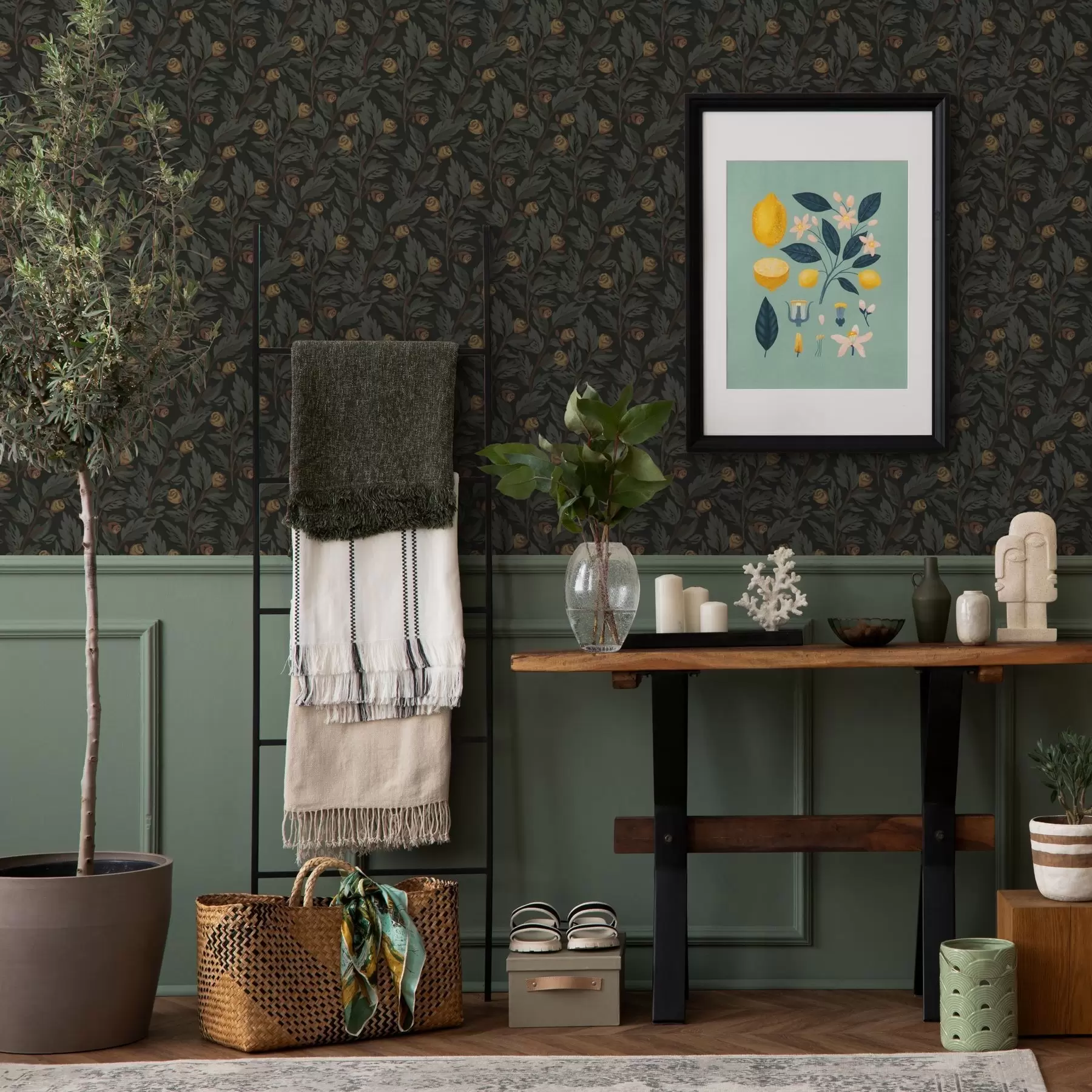 murales de pared Estampado floral oscuro con capullos y hojas amarillos a00598