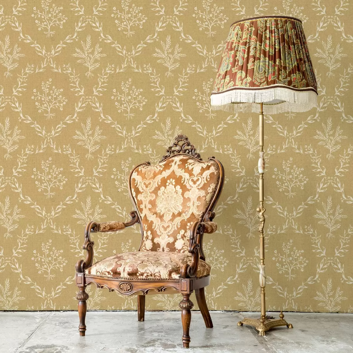 Papel pintado Coronas blancas de hierbas y flores sobre fondo mostaza a00599