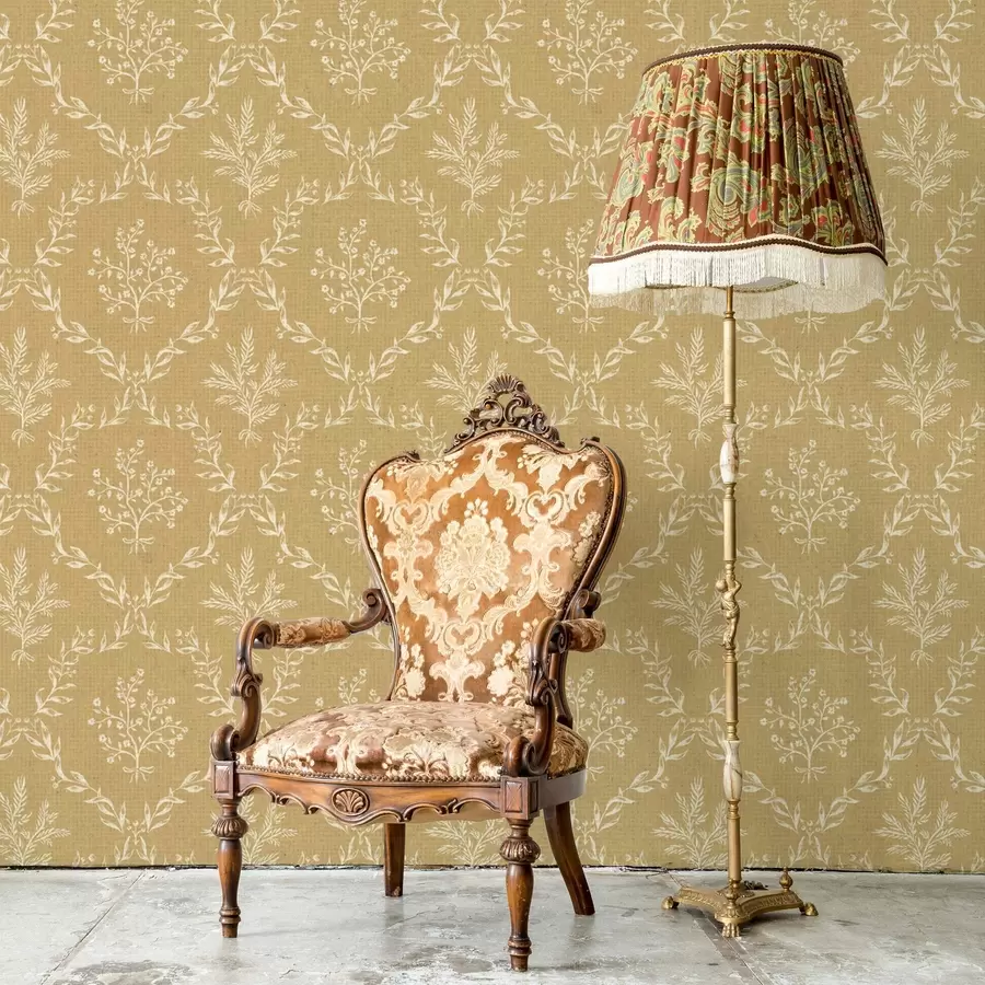 murales de pared Coronas blancas de hierbas y flores sobre fondo mostaza a00599