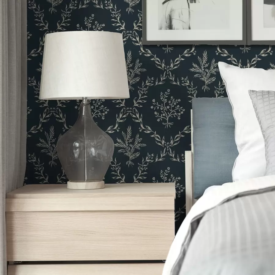 murales de pared Coronas blancas de hierbas y flores sobre fondo verde azulado oscuro a00599v2