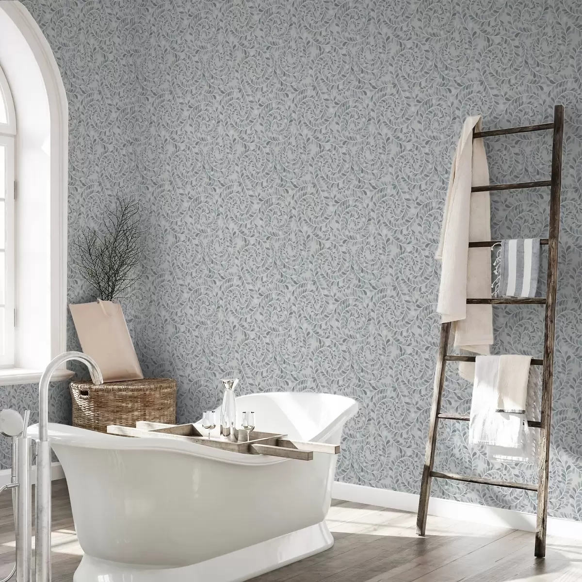 Papel pintado Hojas en espiral en una paleta de colores azul, gris y verde a00602