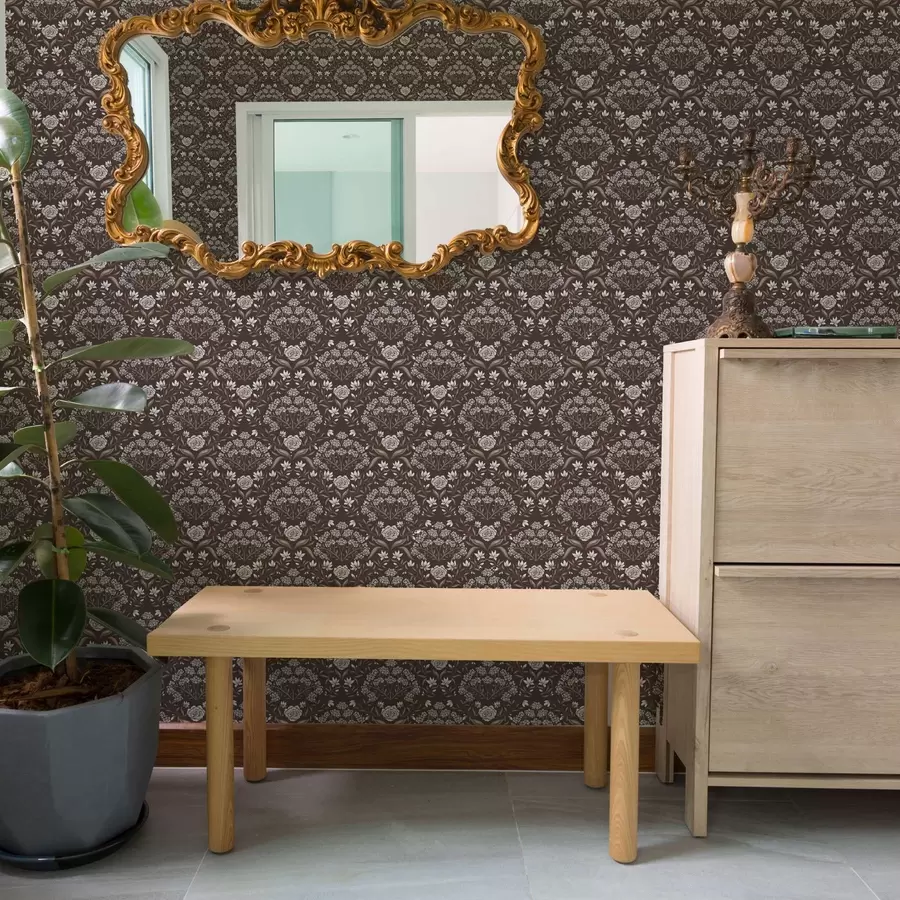 murales de pared Damasco de chocolate negro con peonías y campanillas de invierno a00603v2