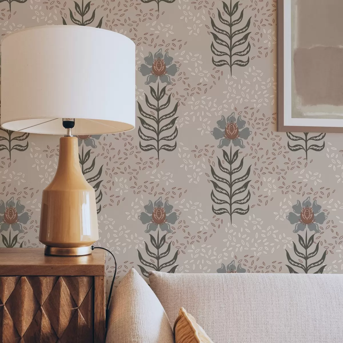 Papel pintado Flores y semillas estilizadas sobre un cálido fondo beige a00604