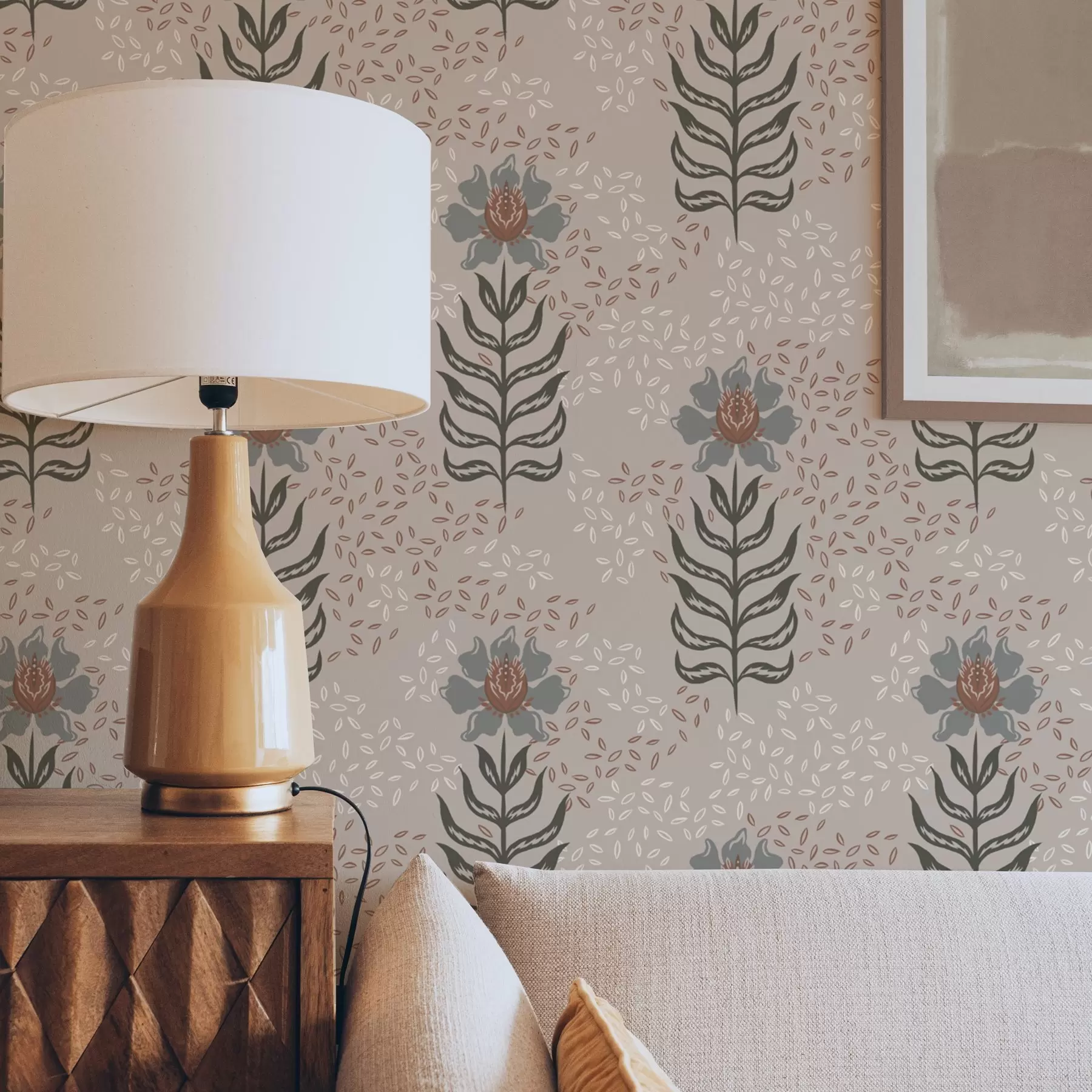 murales de pared Flores y semillas estilizadas sobre un cálido fondo beige a00604
