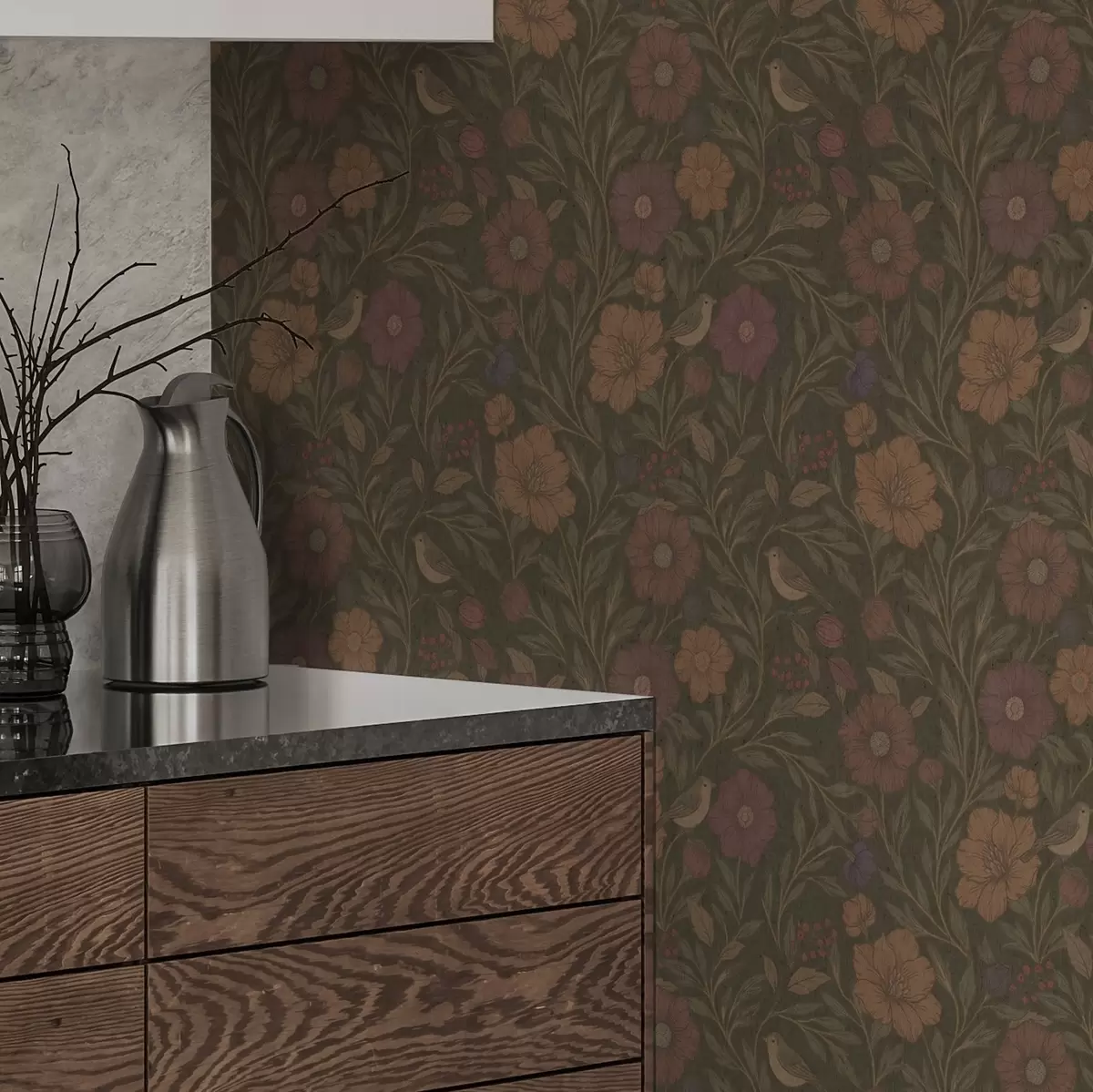 Papel pintado Flores otoñales y pájaros sobre fondo marrón oliva a00605