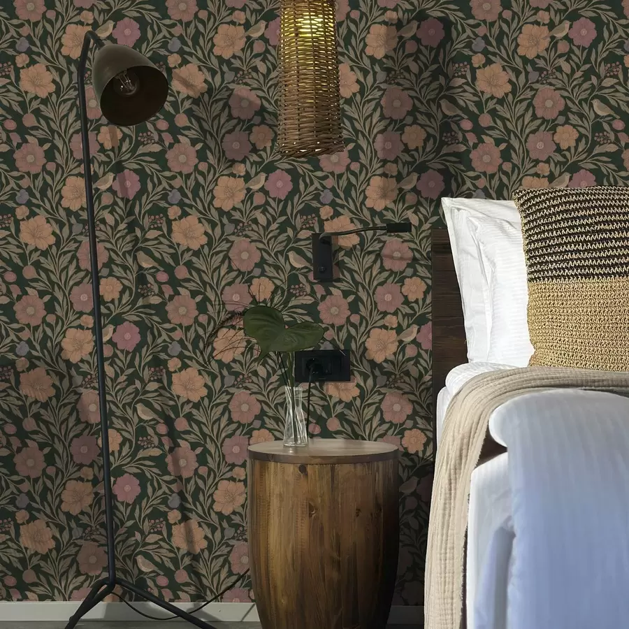 murales de pared Flores otoñales y pájaros sobre un fondo esmeralda intenso a00605v1