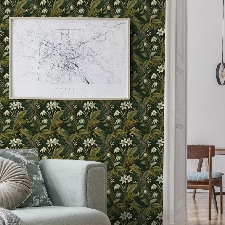 murales de pared Camaleones y hojas tropicales, flores blancas, fondo oscuro a00608v1