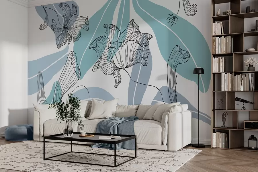 murales de pared hojas y flores abstractas en tonos azules w04499v2