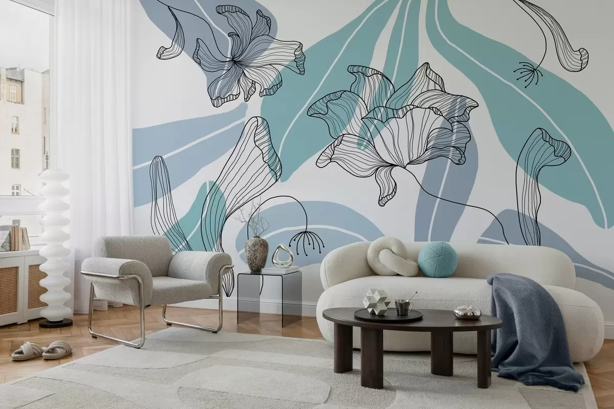 murales de pared hojas y flores abstractas en tonos azules w04499v2