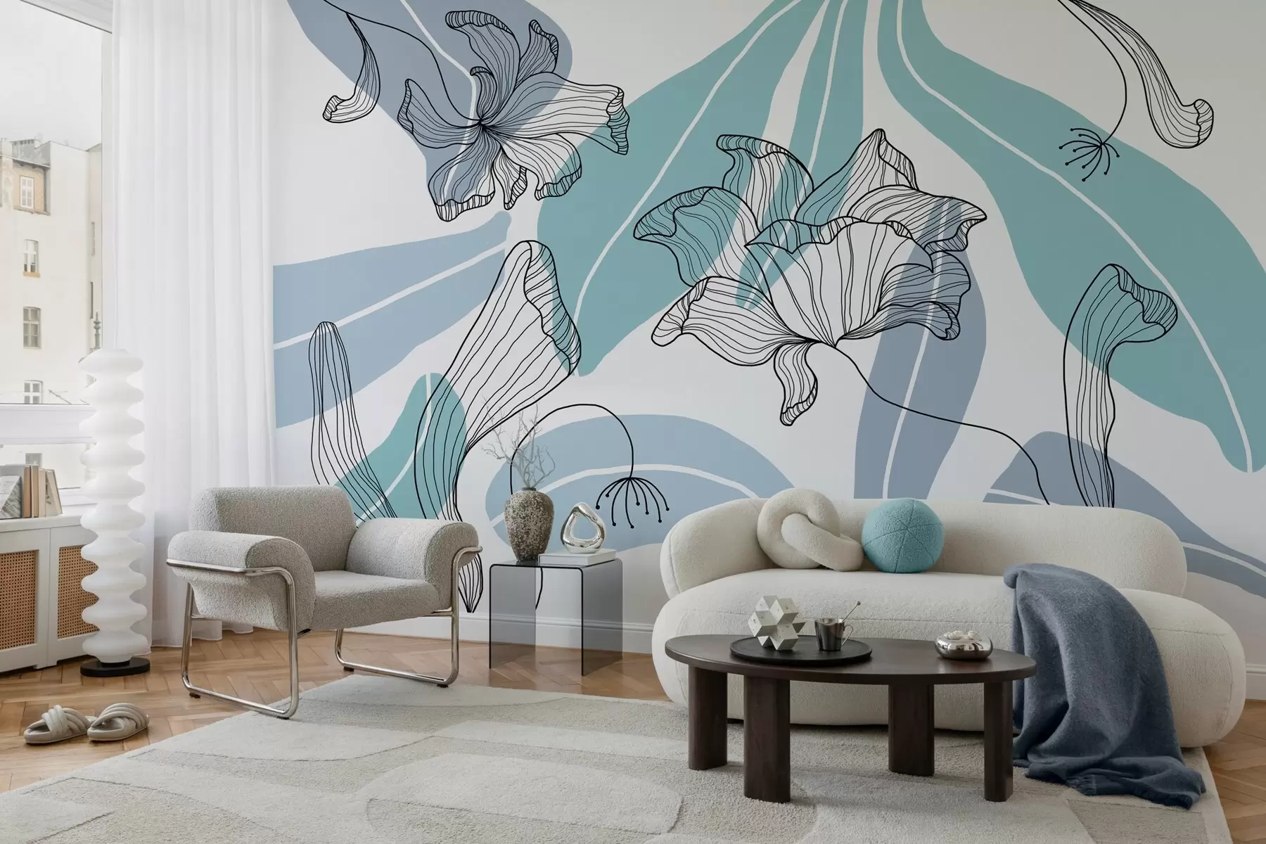 murales de pared hojas y flores abstractas en tonos azules w04499v2