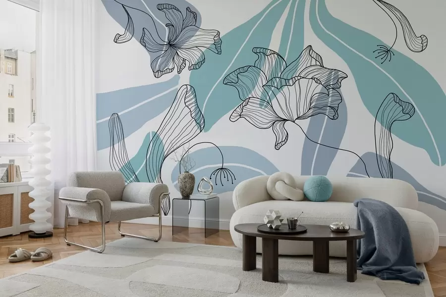 murales de pared hojas y flores abstractas en tonos azules w04499v2