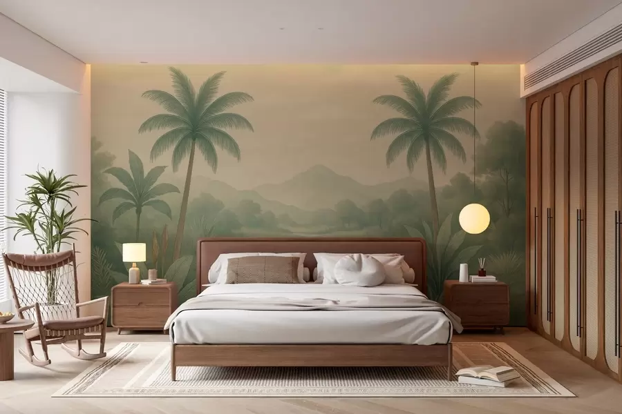 murales de pared paisaje tropical con palmeras y un río w04623