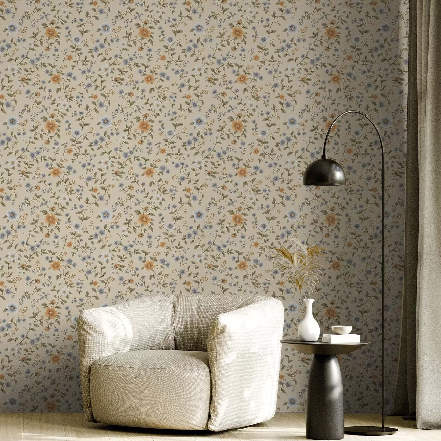 murales de pared Ramas florales con flores azules y melocotón a00575